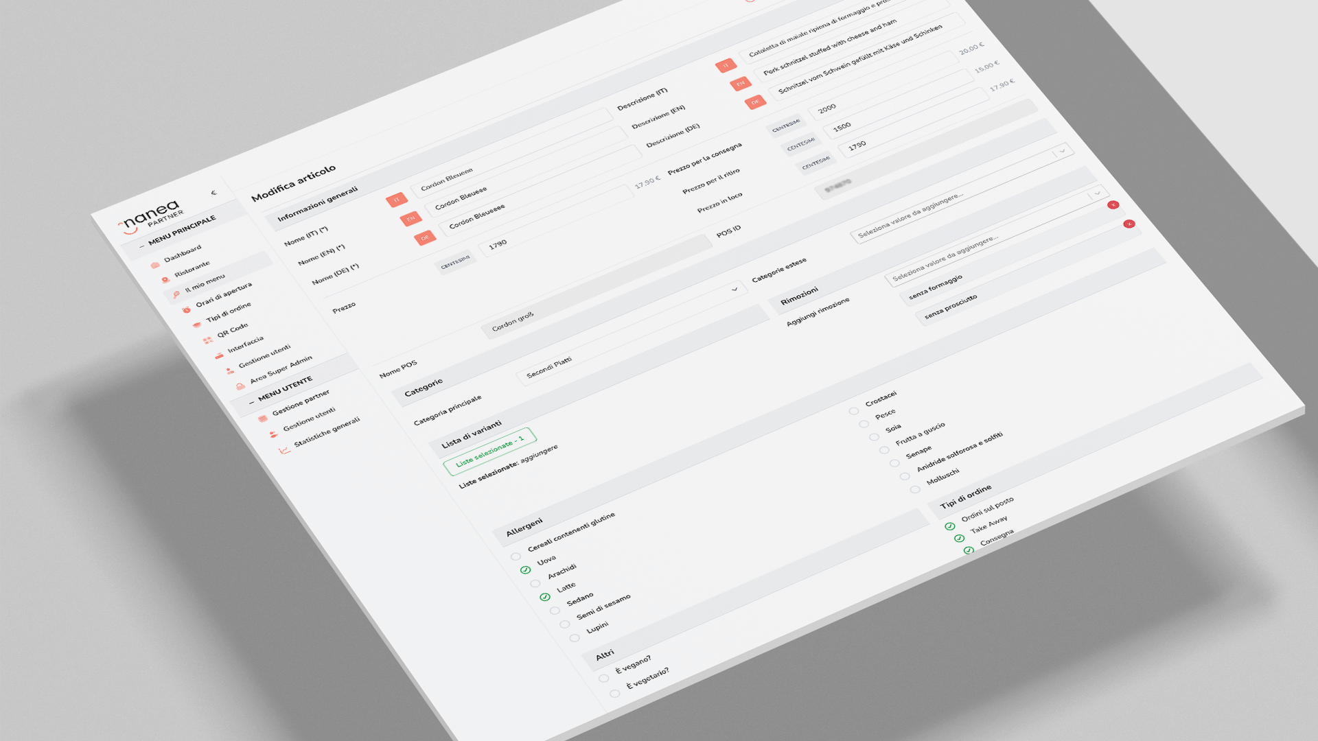 Screenshot per inserire o personalizzare i tuoi articoli su nanea