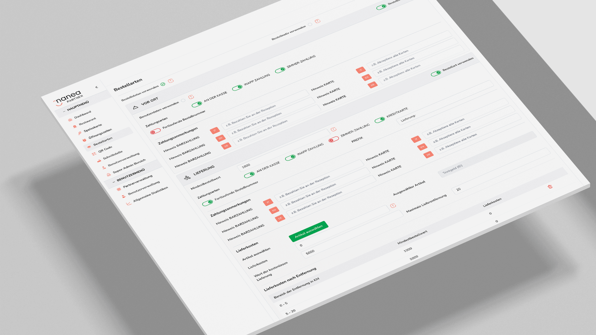 Screenshots von nanea um die Bestellarten im Backoffice zu konfigurieren