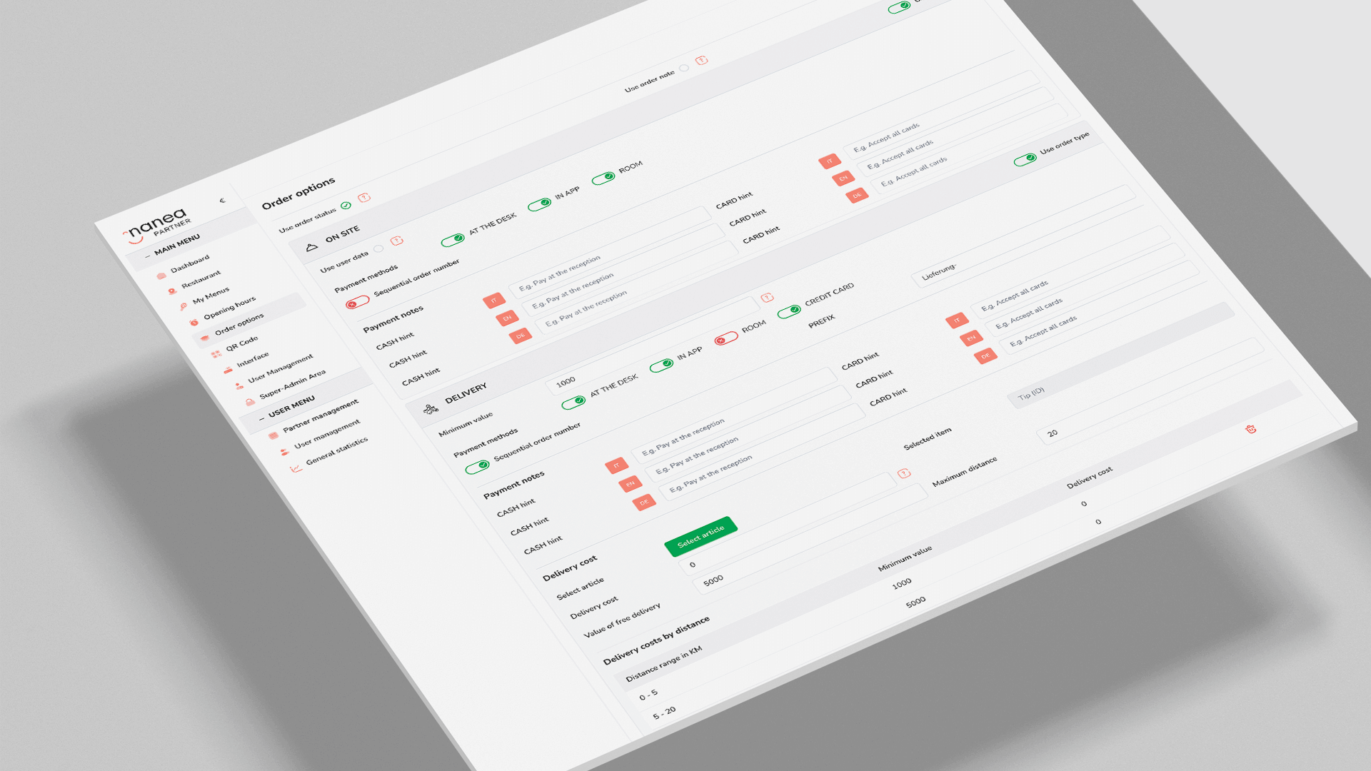 Screenshots to configure order types in the nanea Backoffice