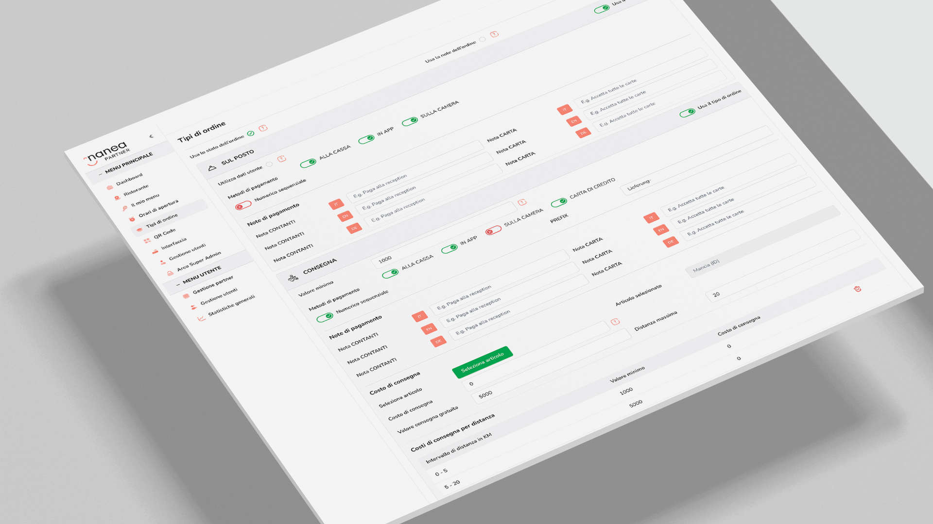 Screenshots per configurare le modalità di ordine nel Backoffice di nanea